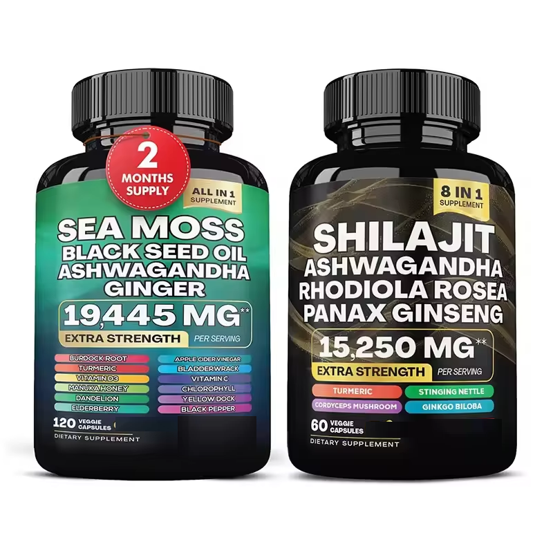OEM logo Sea Moss Black Seed Oil Ashwagandha Turmeric Bladderwrack Burdock Ginger Herbal Supplements Sea Moss Shilajit Capsules